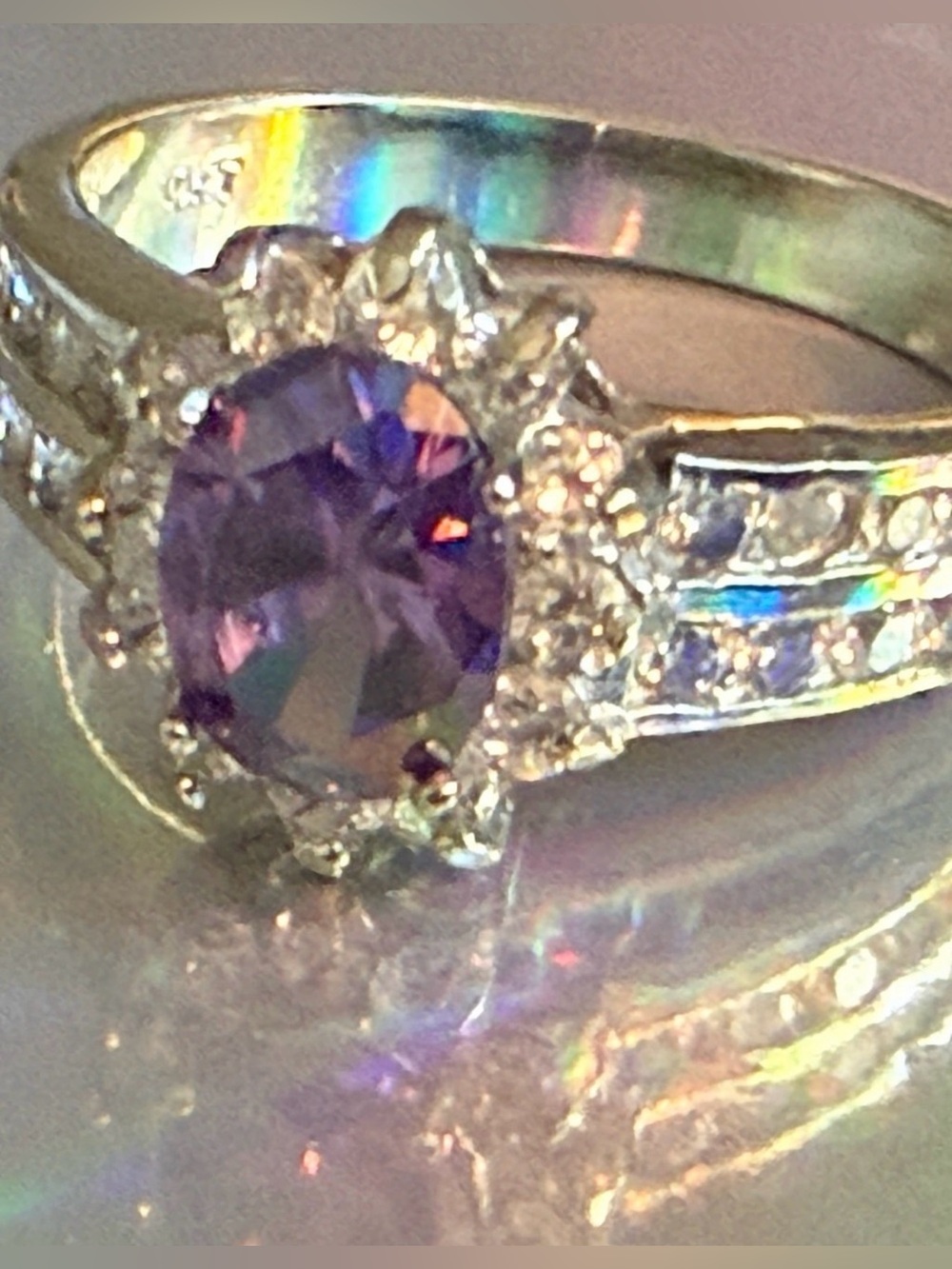 Sterling Silver Purple Oval Halo Ring with Pavé Accents 10k Stamp